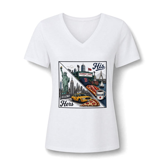 His & Hers New York V-Neck Tee — “Yes, I Still Love Him” Back Print