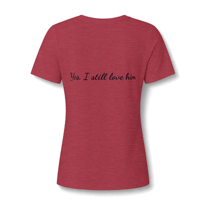 His & Hers New York V-Neck Tee — “Yes, I Still Love Him” Back Print