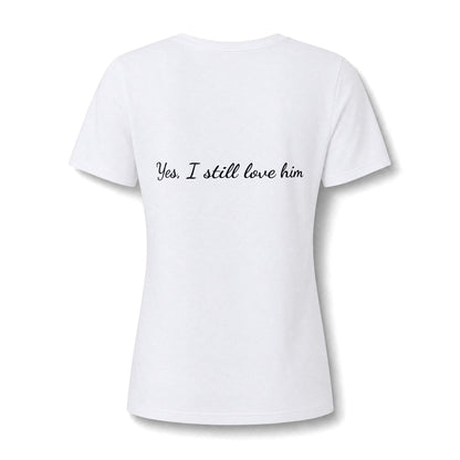 His & Hers New York V-Neck Tee — “Yes, I Still Love Him” Back Print