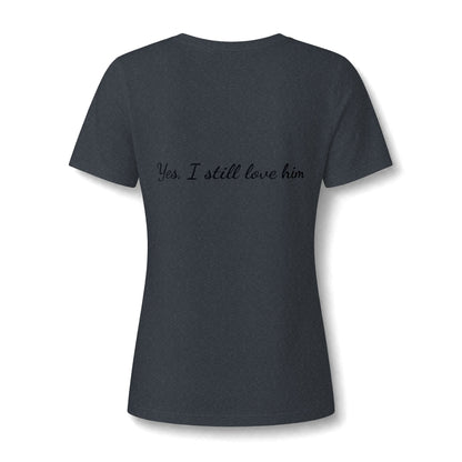 His & Hers New York V-Neck Tee — “Yes, I Still Love Him” Back Print
